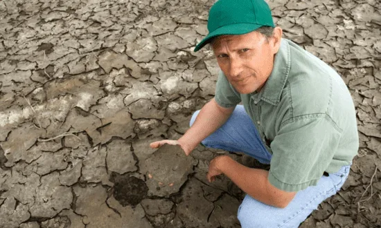 Farmer in a green cap crouching and holding dry cracked earth